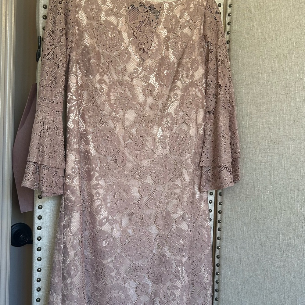 Vince Camuto Women Shift Dress Floral Lace Ruffle Bell Sleeve Taupe Pink Sz 8